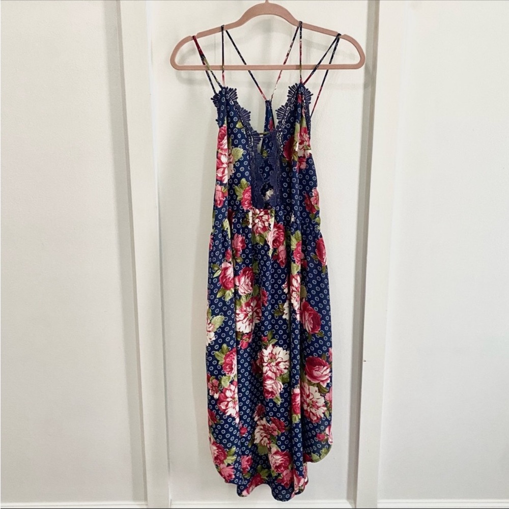 Free People Size Small Blue Floral Strappy Maxi Dress Lightweight Beach cover up